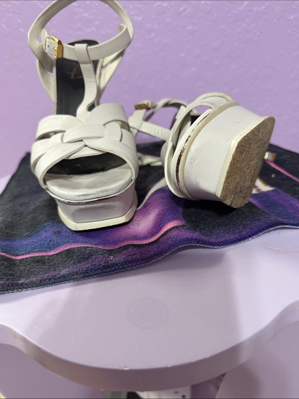 Yves Saint Laurent Ivory Braided Leather Platform Heels - Picture 2 of 5